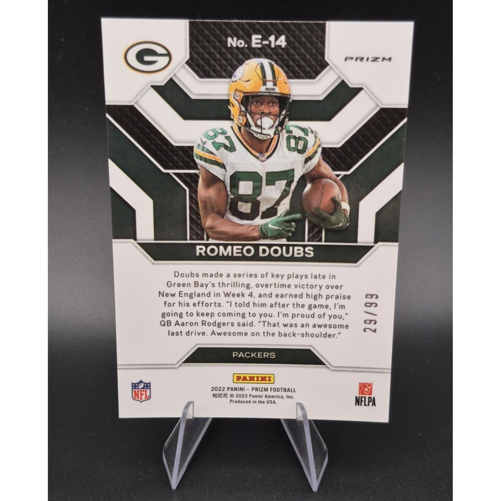 2022 Panini Prizm Romeo Doubs #E-14 Emergent Blue Ice Prizm /99 (RC) Packers - Picture 2 of 11